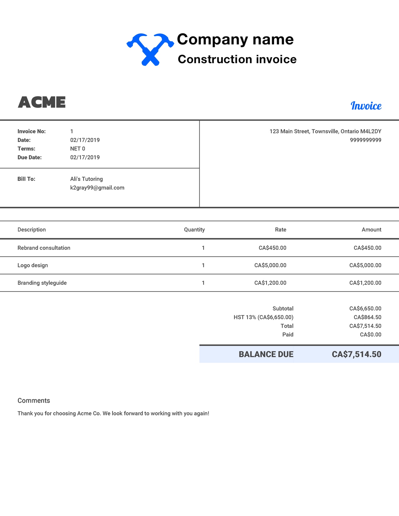 Free Construction Invoice Template. Customize and Send in 90 Seconds