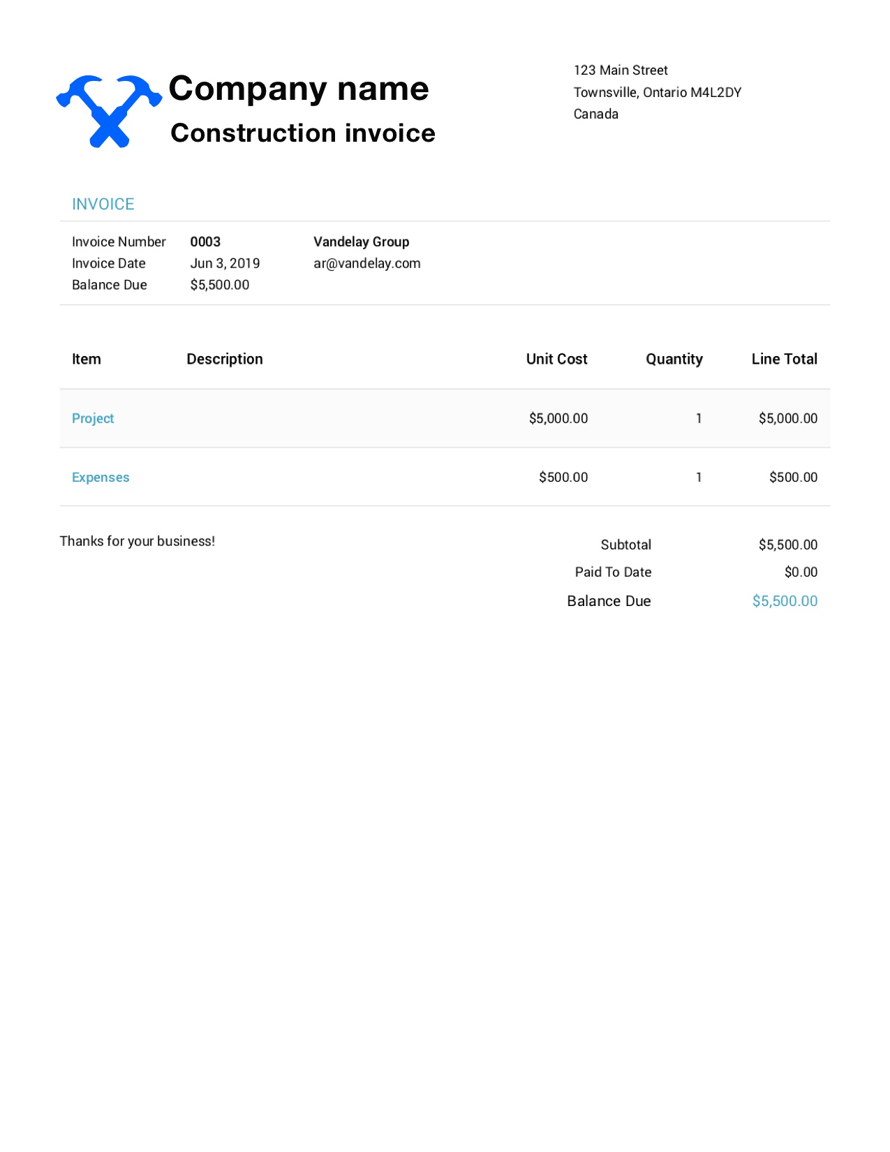 Free Construction Invoice Template. Customize and Send in 90 Seconds