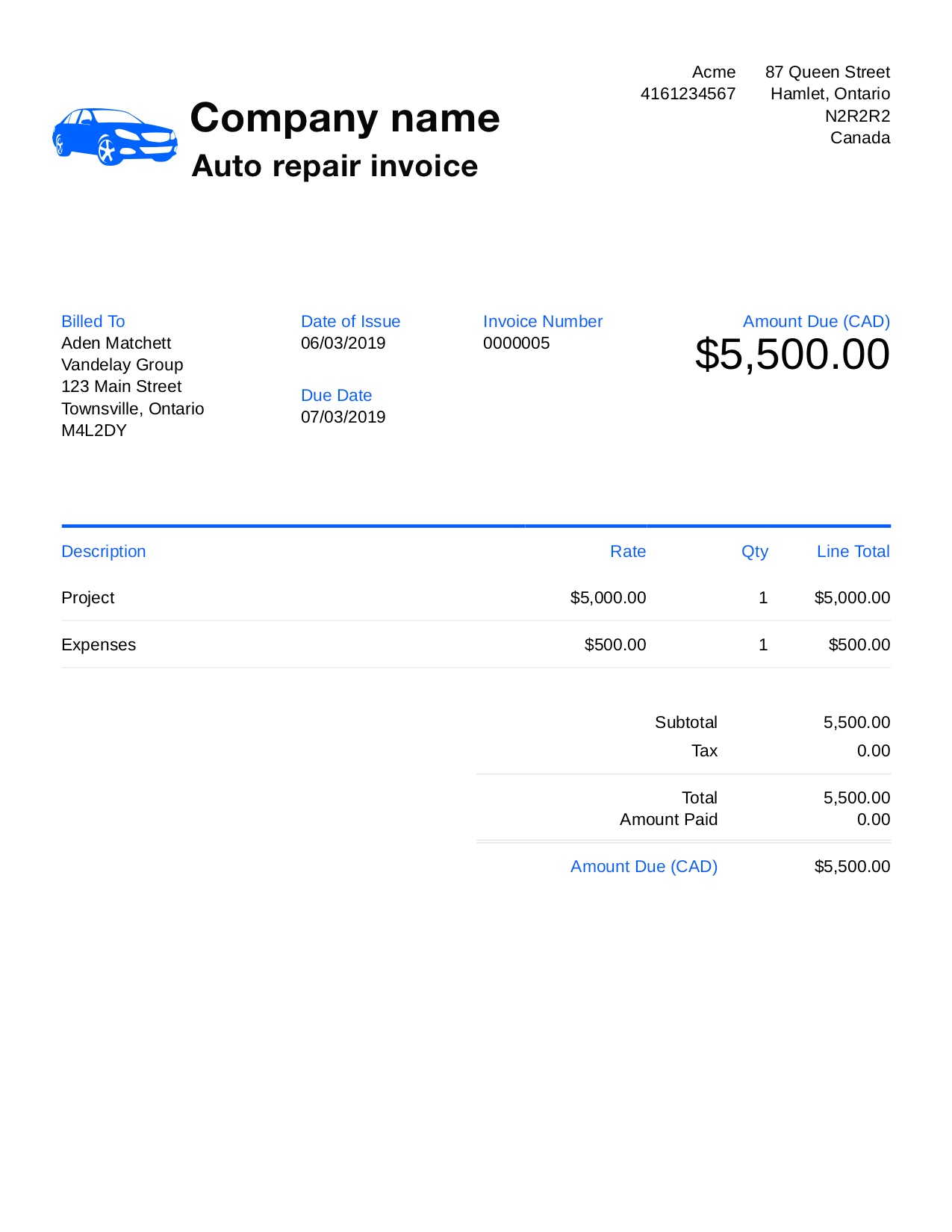 Auto repair invoice template pdf