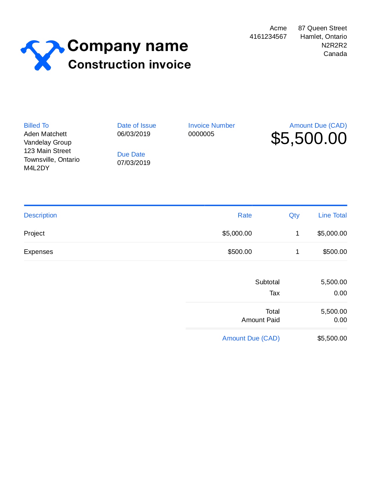 Free Construction Invoice Template. Customize and Send in 22 Seconds Inside Invoice For Work Done Template
