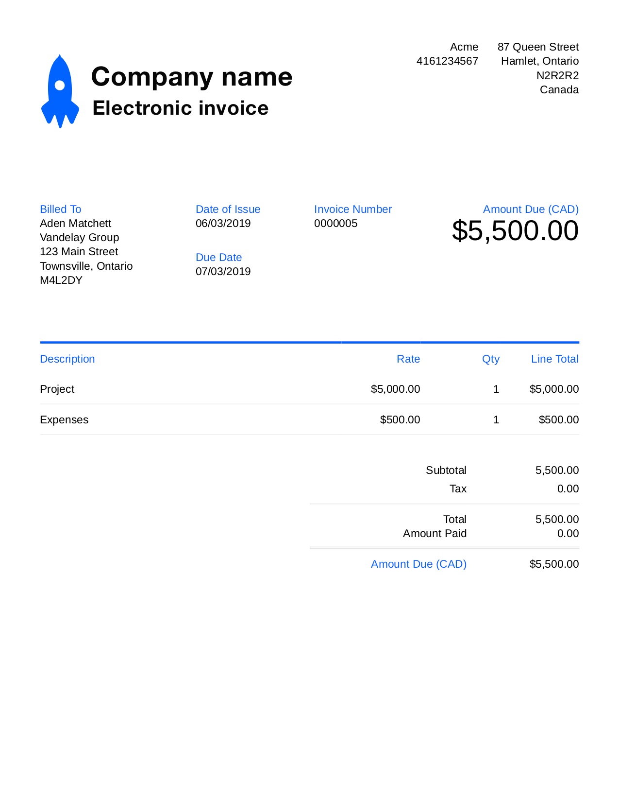 Free Electronic Invoice Template. Customize and Send in 90 Seconds