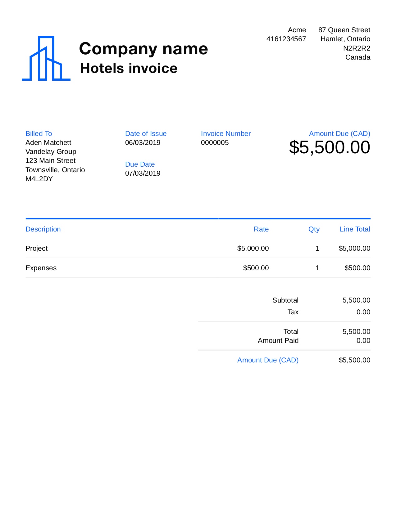 Free Hotel Invoice Template. Customize and Send in 90 Seconds