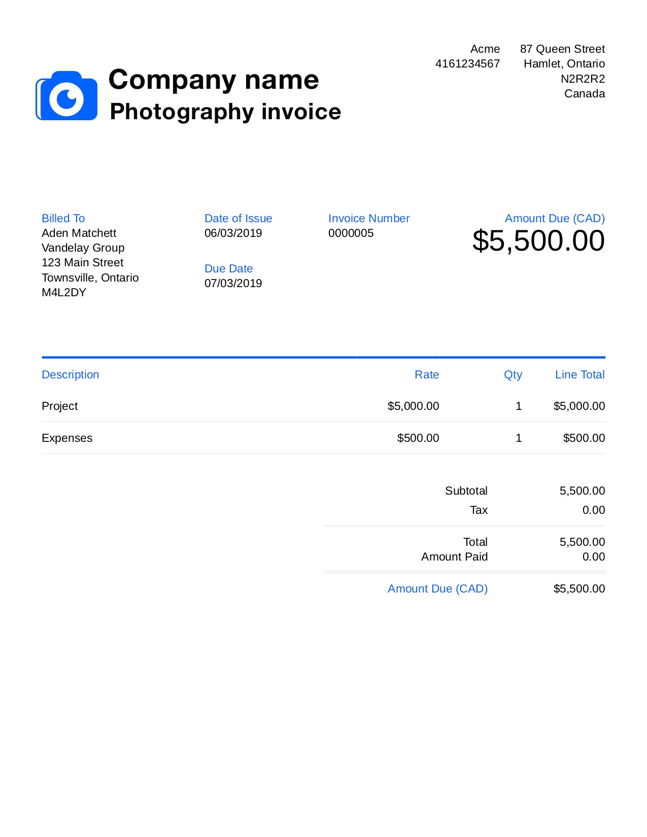 Free Photography Invoice Template. Customize and Send in 90 Seconds