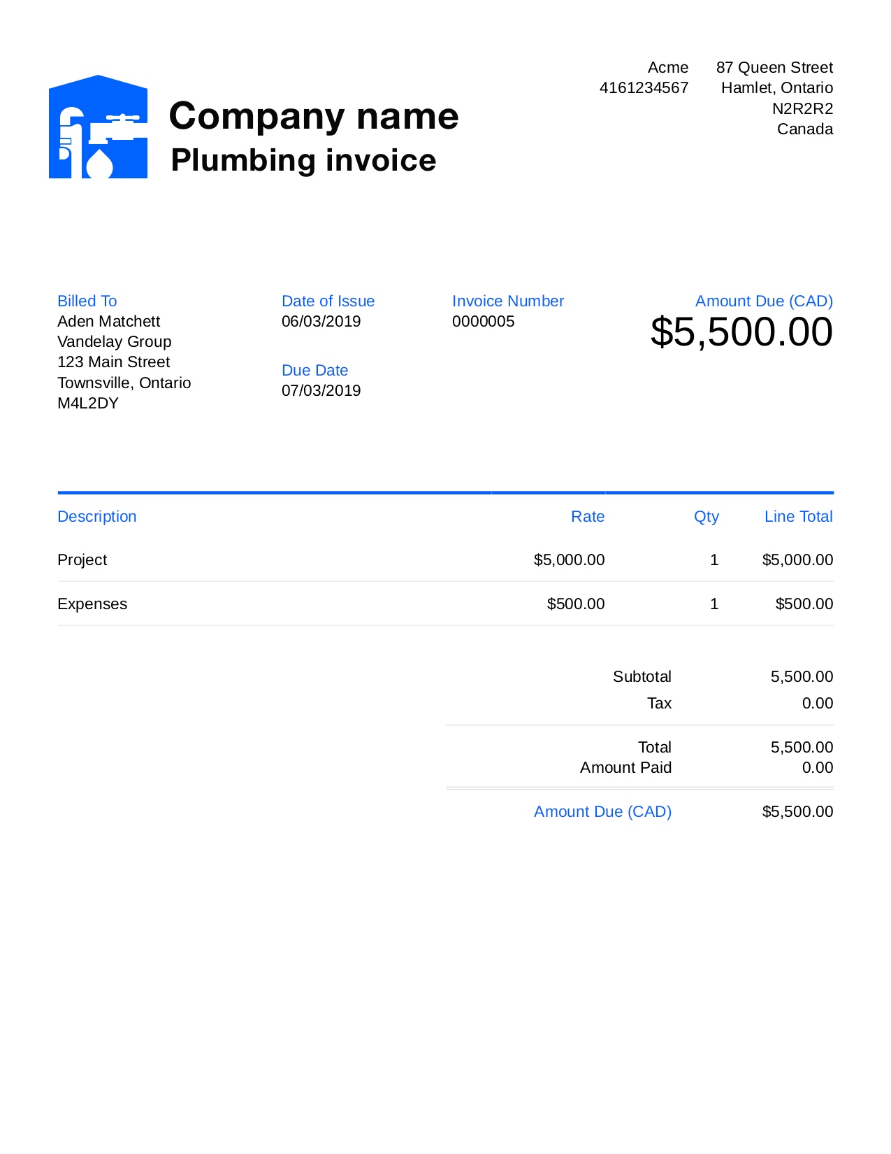 Free Plumbing Invoice Template. Customize and Send in 90 Seconds