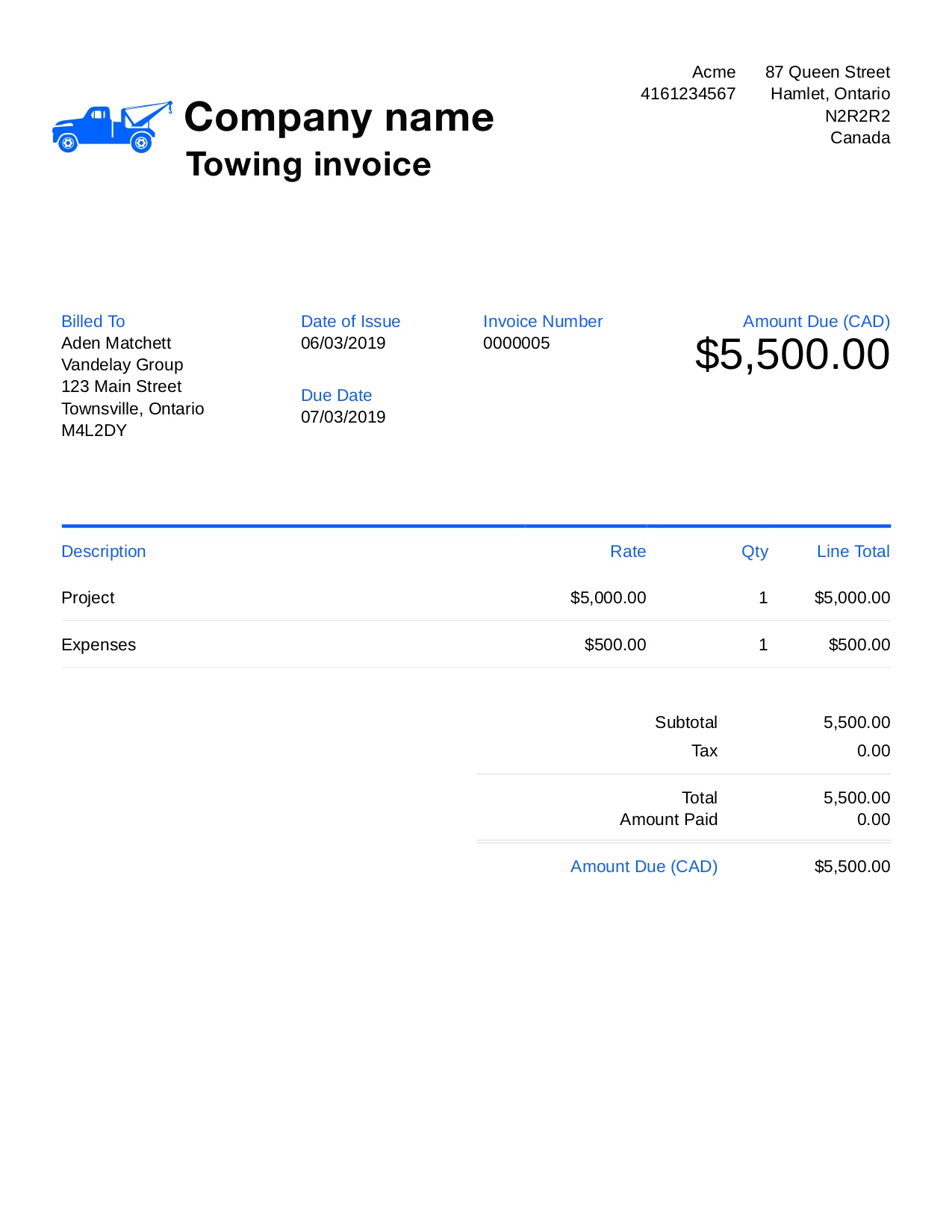 Free Towing Invoice Template. Customize and Send in 90 Seconds