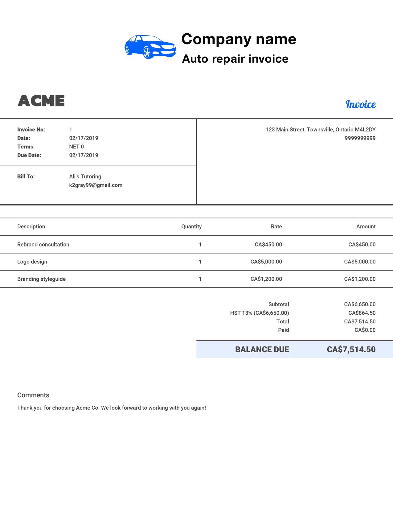 Free Auto Repair Invoice Template. Customize and Send in 90 Seconds