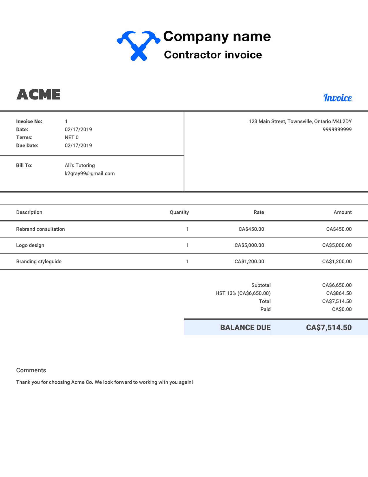 Free Contractor Invoice Template. Customize and Send in 90 Seconds
