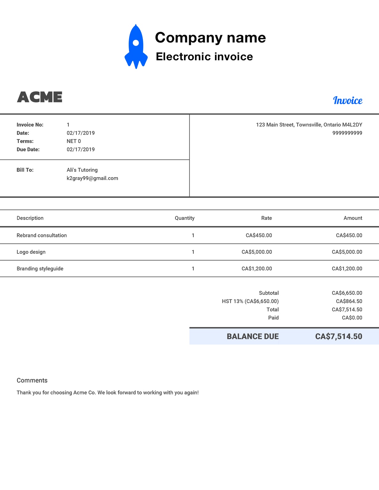 Free Electronic Invoice Template. Customize and Send in 90 Seconds