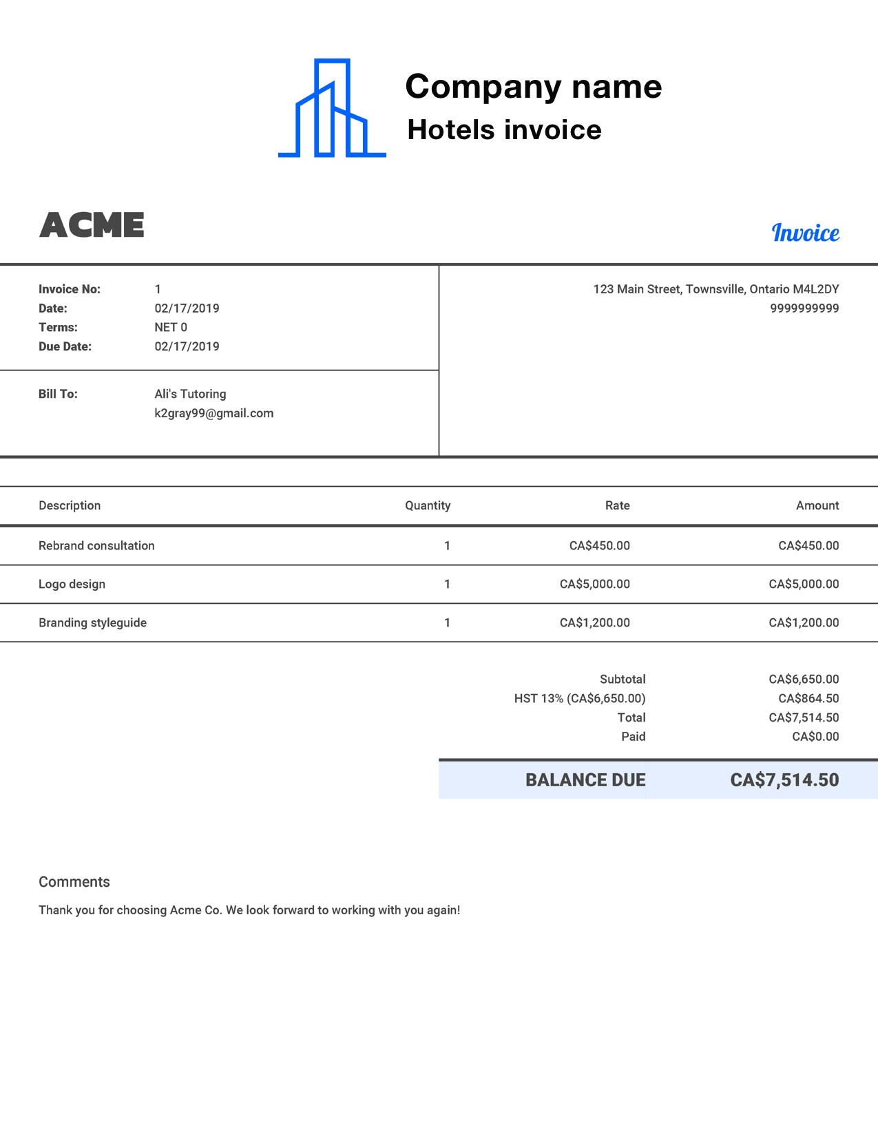 Free Hotel Invoice Template. Customize and Send in 90 Seconds