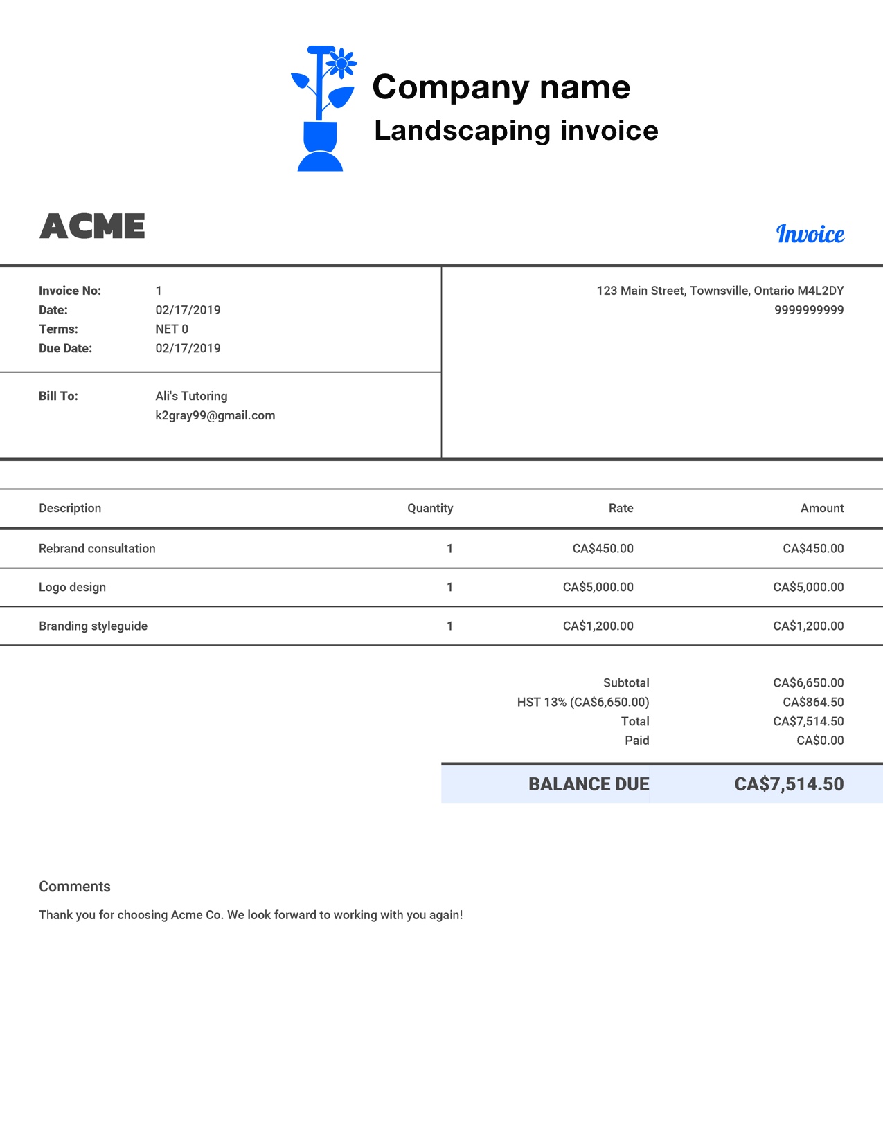 Free Landscaping Invoice Template Customize And Send In 90 Seconds