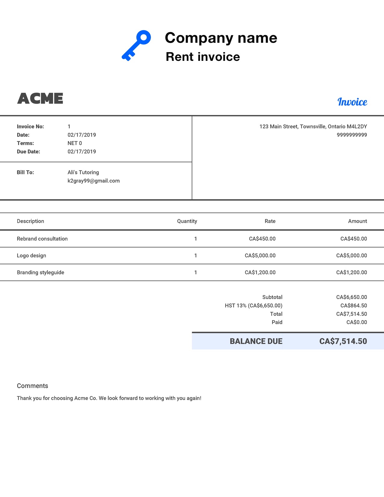 Free Rent Invoice Template. Customize and Send in 90 Seconds
