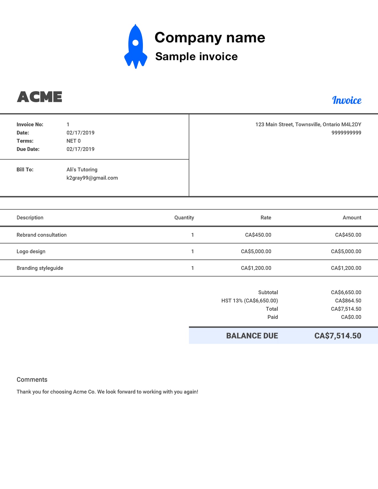 Free Sample Invoice Template. Customize and Send in 90 Seconds