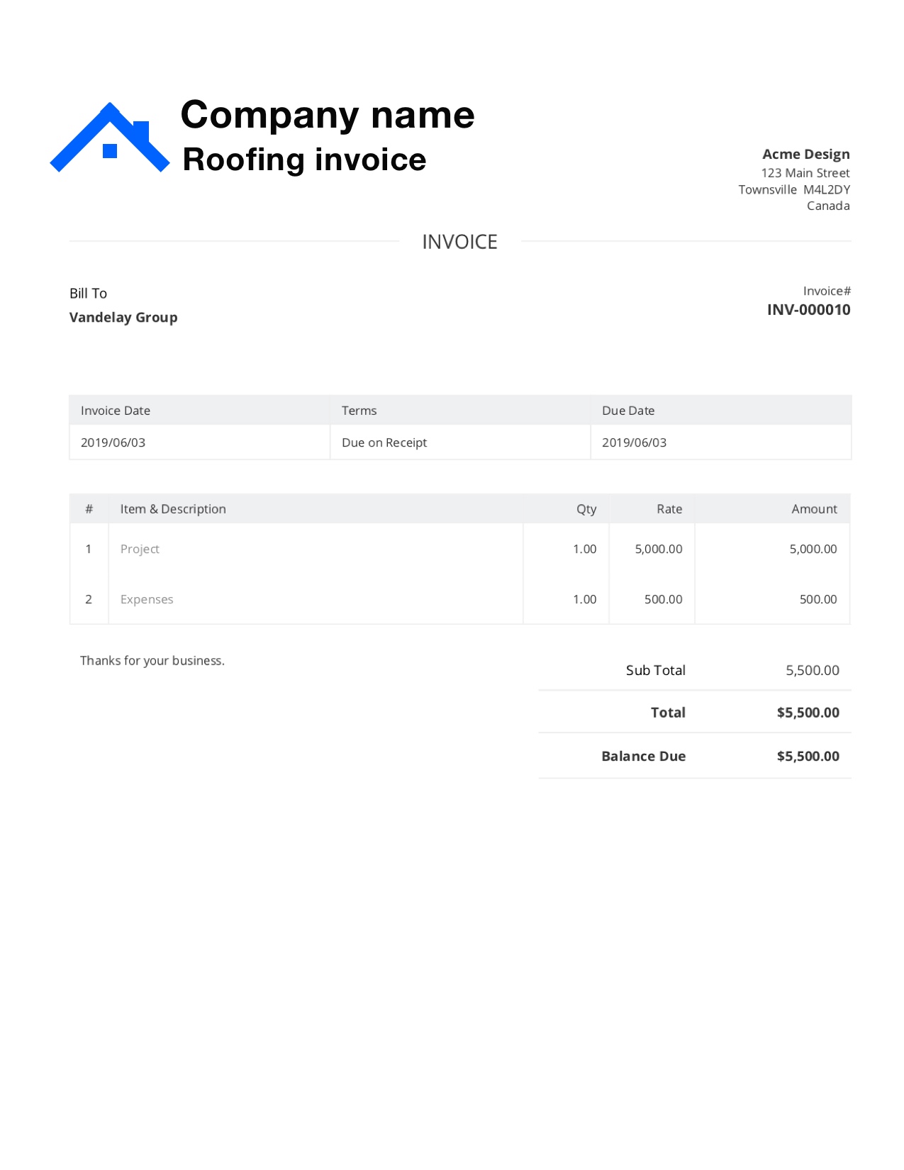 Free Roofing Invoice Template. Customize and Send in 21 Seconds Intended For Free Roofing Invoice Template