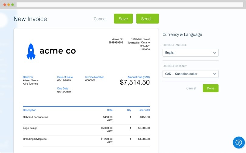 Freshbooks: Adjust invoice language and currency