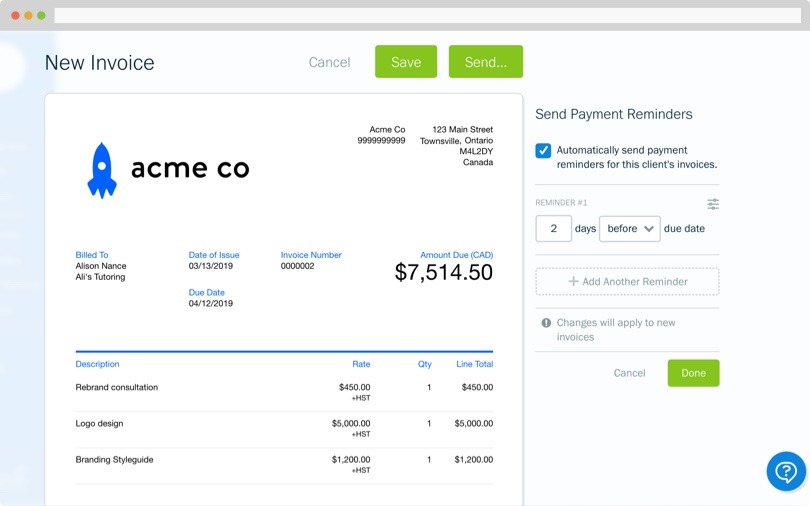 Freshbooks: Automatically charge late fees and send Payment reminders