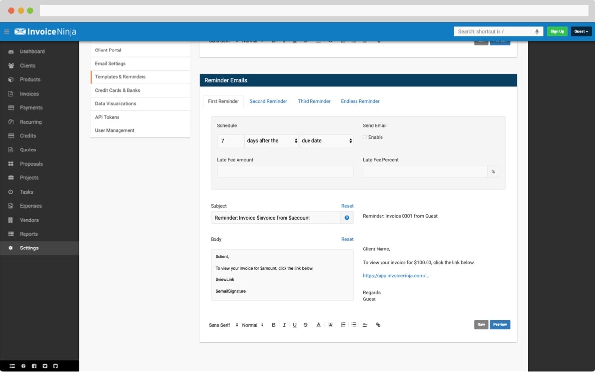 Invoice ninja - Payment reminders